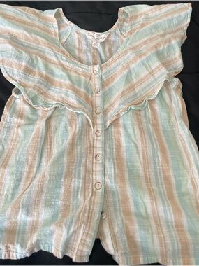 Striped Ruffle-Front Button tank top blouse in Mint & Beige & baby blue